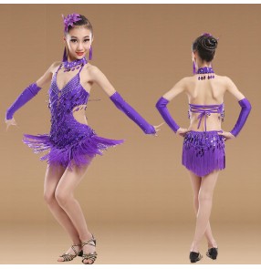Violet purple backless fringes girls kids children performance competition professional gymnastics practice latin salsa dance dresses outfits